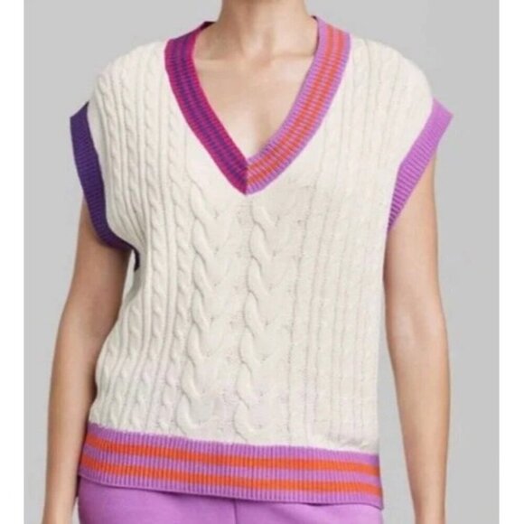 Wild Fable Women V-Neck Cable Knit Sweater Vest Pink White Preppy Academia Y2K - Picture 1 of 15
